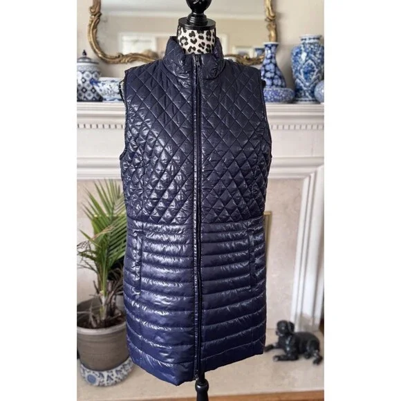 Talbots Long PrimaLoft Filled Puffer Vest Womens Large Navy Blue Full Zip New * - Picture 1 of 12